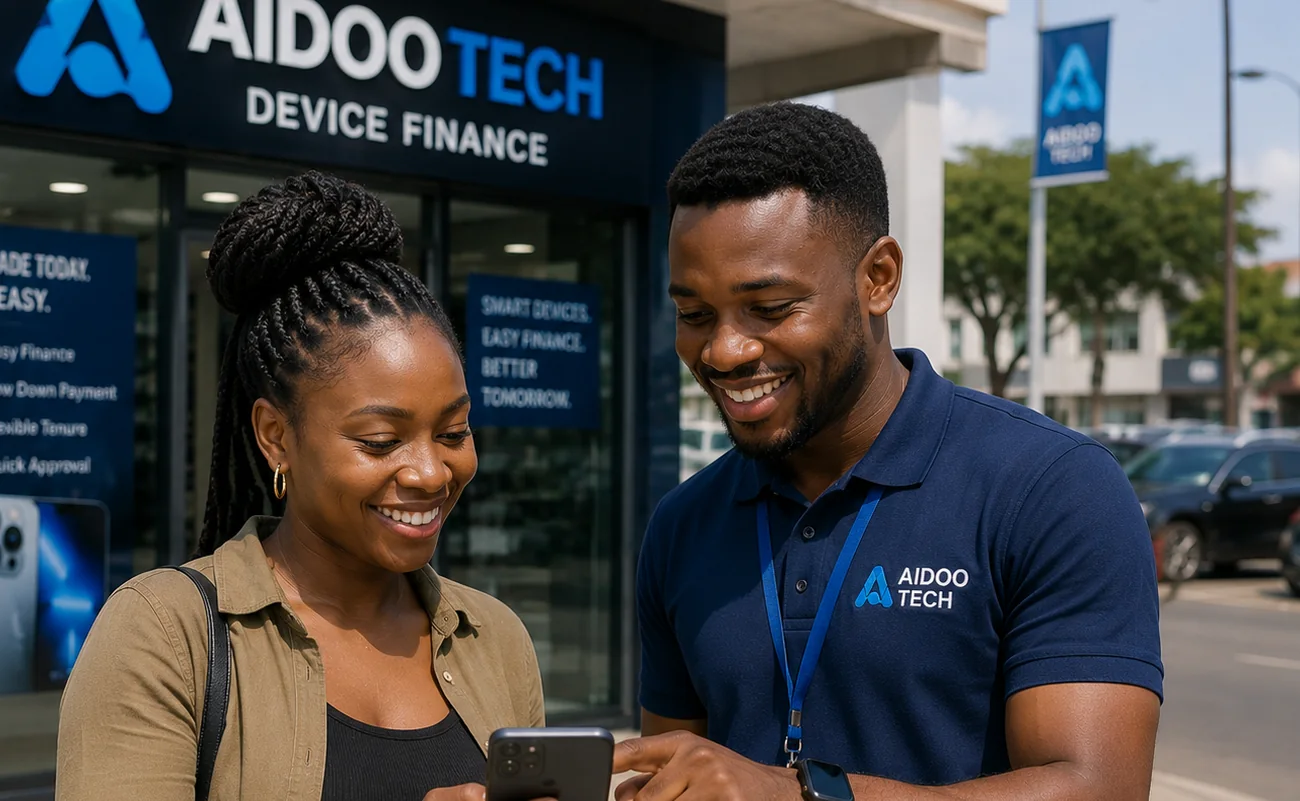 An Aidoo Tech agent registering a customer outside the showroom.