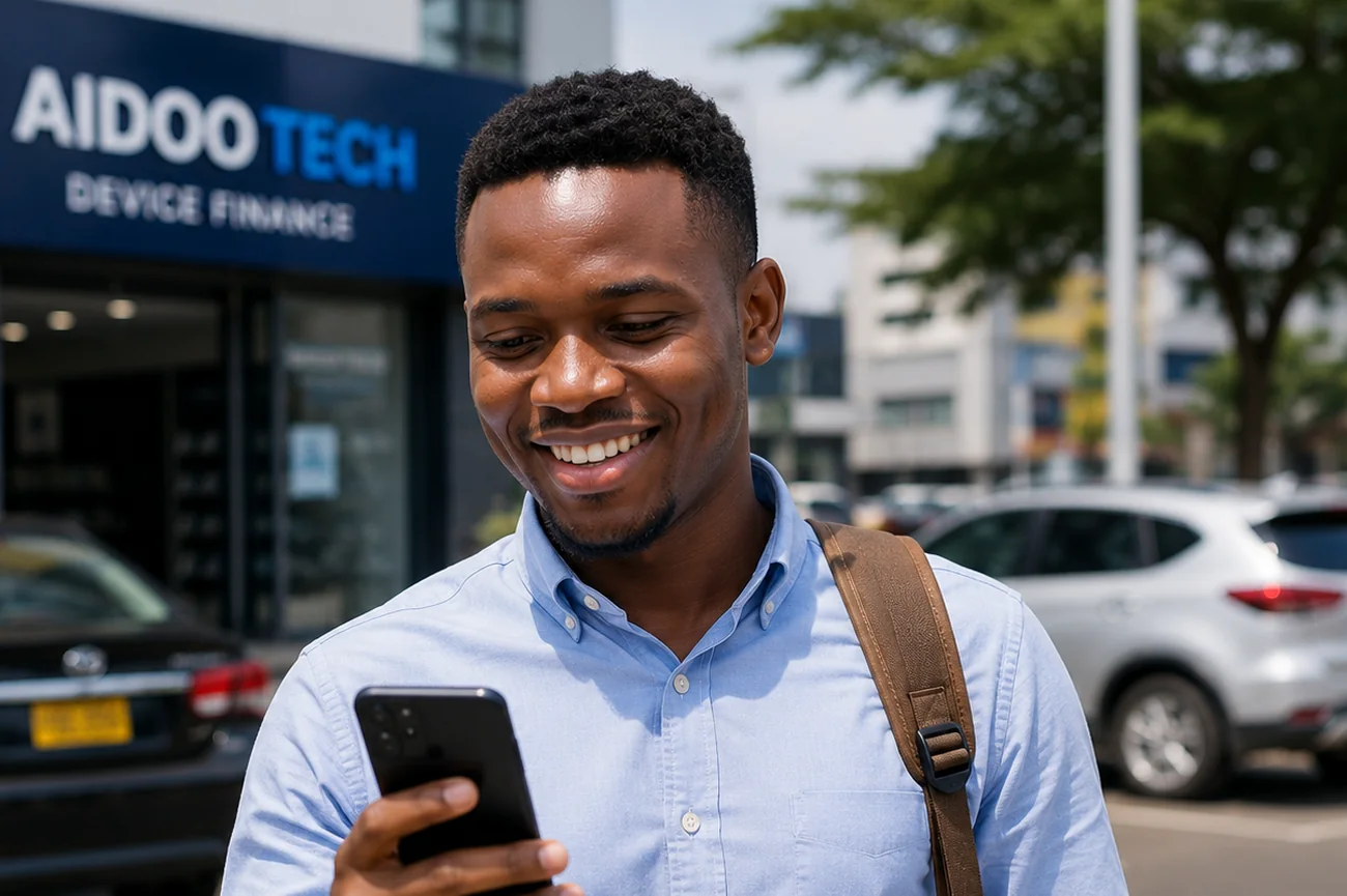 A customer using the smartphone he bought from Aidoo Tech Solutions.