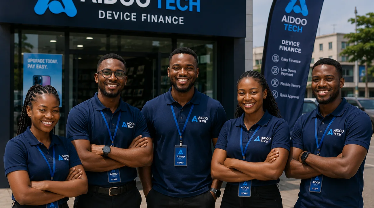 The Aidoo Tech Solutions team outside one of the Accra showrooms.